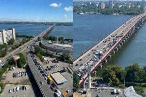 В Днепре на Новом мосту автобус попал в аварию: образовалась большая пробка